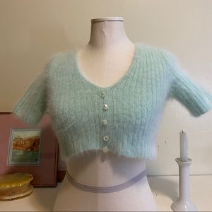 Seafoam green mohair crop top with pearl decals